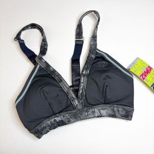 Zumba NWT! Women's Orbital Criss Cross Bra Black Gray Adjustable Straps Size XS